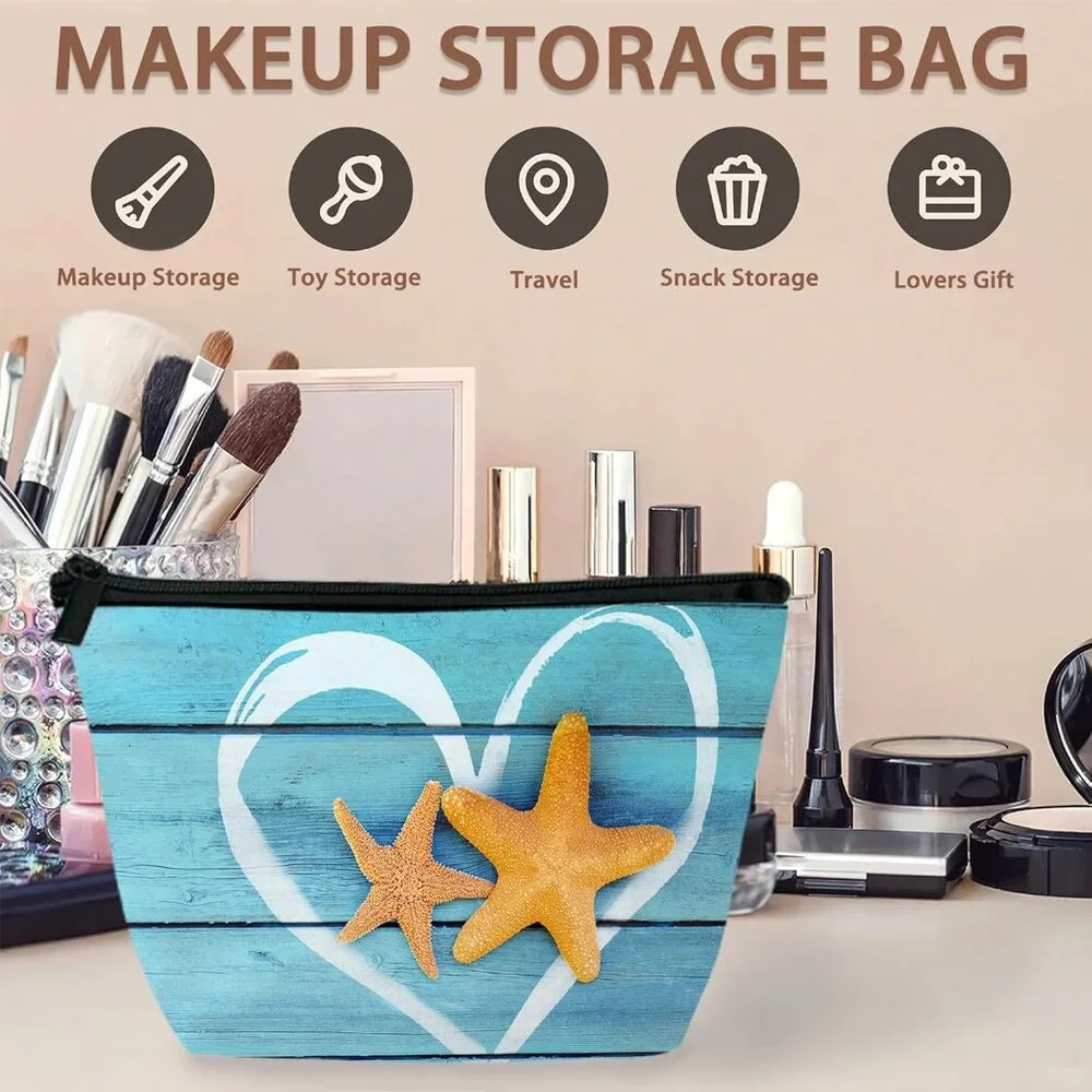 Beach Starfish Cosmetic Bag Coastal Blue Wooden Makeup Bags,Travel Make up Bags - Picture 3 of 8